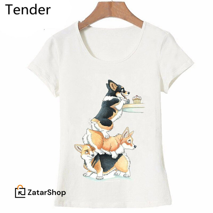 Clever Corgi Stealing Print T-Shirt Women Summer Funny T-shirt Lovely Dog Cartoon Casual Tops Cute Tshirt Female Short Sleeve