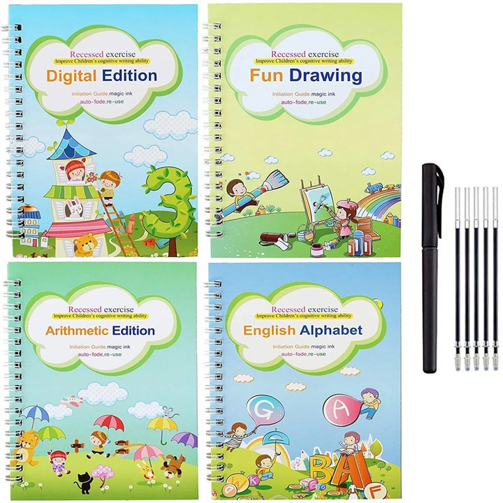 4Books Pen Magic Copy Book Free Wiping Children's Kids Writing Sticker Practice English Copybook For Calligraphy Montessori Gift