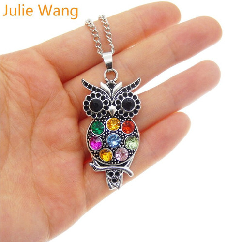 Julie Wang 1PCS Women Necklace Antique Color | Owl Pendant With Colorful Crystal Rhinestones Link Long Chain
