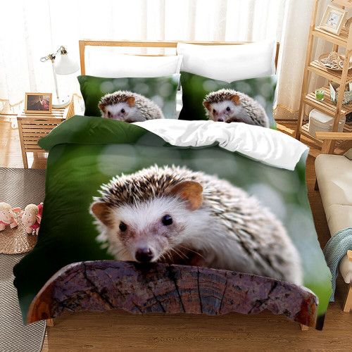 Hedgehog Duvet Cover King/Queen Size | Cute Brown Hedgehog Pattern Print Quilt Cover for Kids