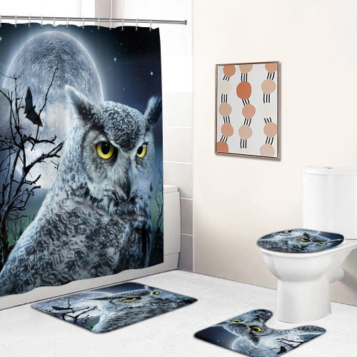 Night Sky Owl Printed Shower Curtain | Bath Mat Set Bath Screen Toilet Lid Cover | Anti-slip Kitchen Carpet Flannel Rug Home Decor