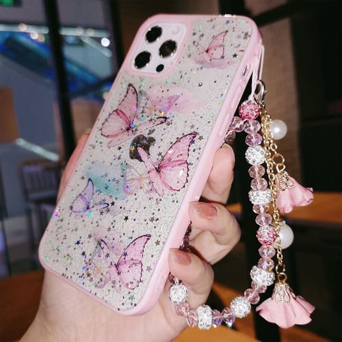 Butterfly Phone Case for IPhone 14 Pro Max 13 12 11 XS XR X 7 8 plus Glitter Clear TPU Covers Bracelet Fundas With Lady Pendant