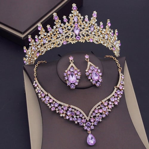 Luxury Purple Crystal Sets Bridal Jewelry Sets for Women Crown Earring Necklace