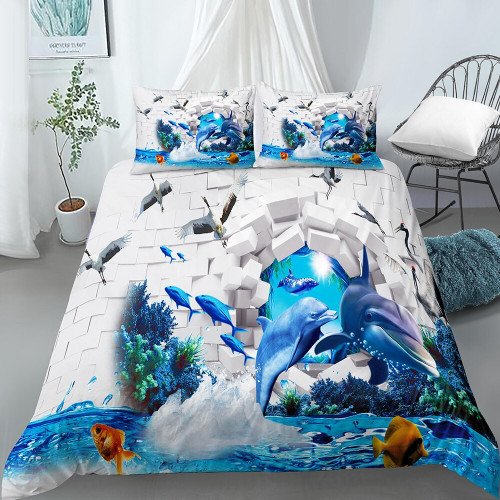 Blue Dolphin Print Bedding Set | Polyester Duvet Cover Set