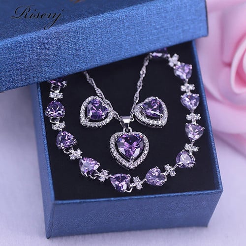Heart Purple Zircon White Crystal Silver 925 Jewelry Earrings Necklace Bracelet Set