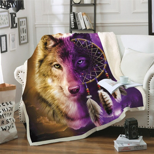 3D wolf Printed Bedspread Purple brown Plush blanket