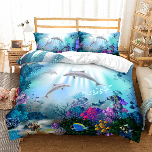 Dolphin 3D Ocean Bedding Set King Queen Double Full Twin Single Size Bed Linen Set