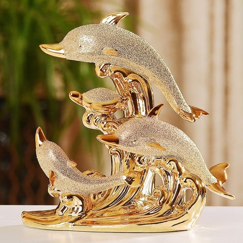 European Ceramic Animal Ornaments Gold Dolphin Figurines Crafts Home Livingroom Table Furnishings Decoration