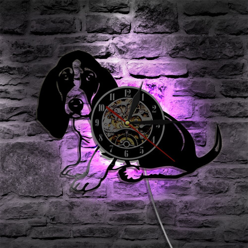 Basset Hound Dog LED Silhouette Wall Light LED Backlight Nightlight Animals Vinyl Record Wall Clock