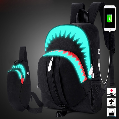 Night Luminous Backpack Men Fashion USB Charging Shark Laptop Bookbag