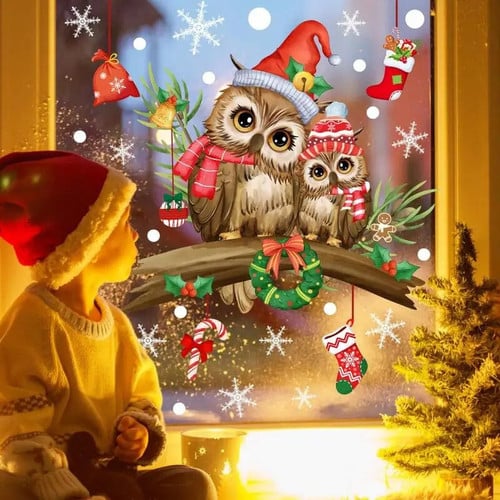 Christmas Cute Owl Glass Clings For Winter Party Decorations