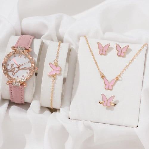 Luxury Watch Women Ring Necklace Earrings Bracelet Set Watches Butterfly Leather Strap Ladies Quartz WristWatch No Box