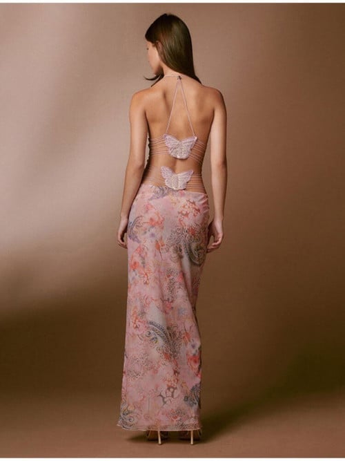 Sexy Butterfly Print Sling Backless Maxi Dress
