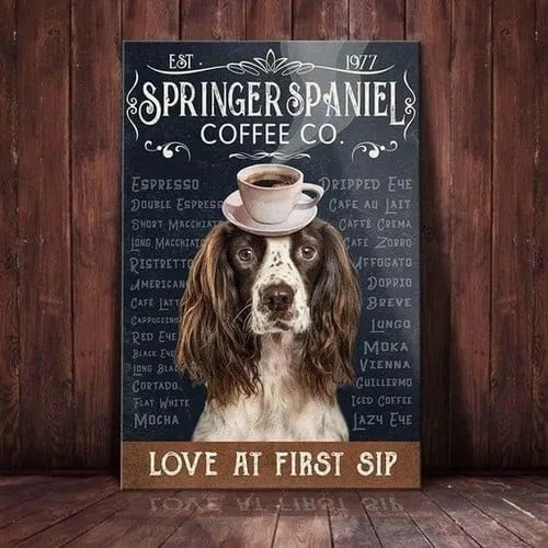 Metal Sign English Springer Spaniel Dog Coffee Company Vintage Kitchen Signs Wall Decor Aluminum Plague Signs Home Bars