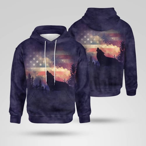 Wolf Howling In The Forest With USA Flag Full Print AOP Hoodie