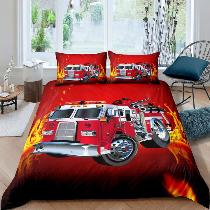 Firefighter Truck Duvet Cover King/Queen Size | Red Firemen Car Bedding Set for Kids Boys Girls