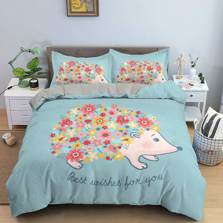 Hedgehog Bedding Set Cute Kawaii Wildlife Comforter Cover with Pillowcases