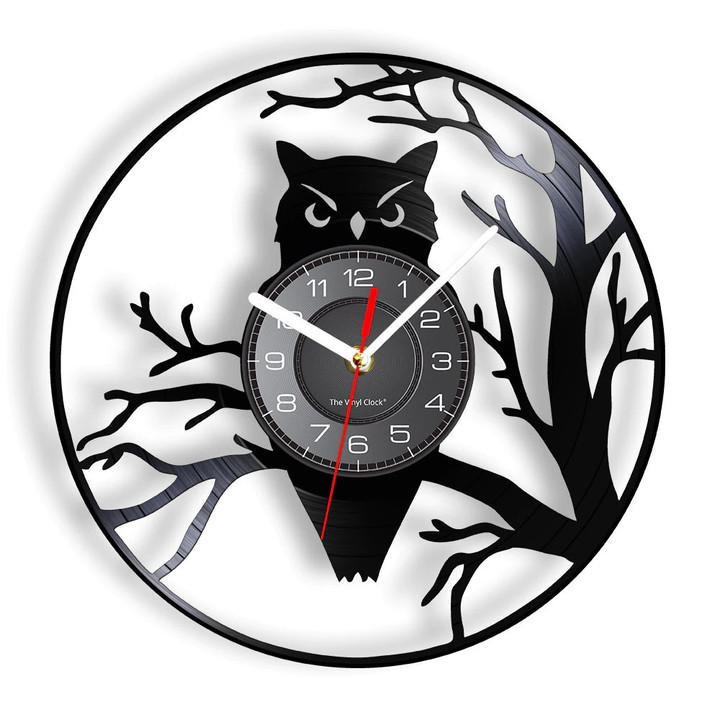 Owl Bird & Branches Vinyl Album Re-purposed Record Clock | Black Hanging Wall Watch Living Room