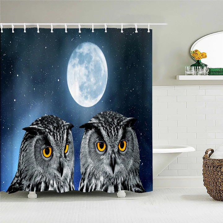 3D Printed Cute Owl Shower Curtain | Night Moon Background Waterproof Polyester Bath Curtain
