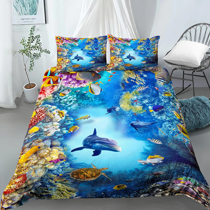 Blue Dolphin Print Bedding Set | Polyester Duvet Cover Set