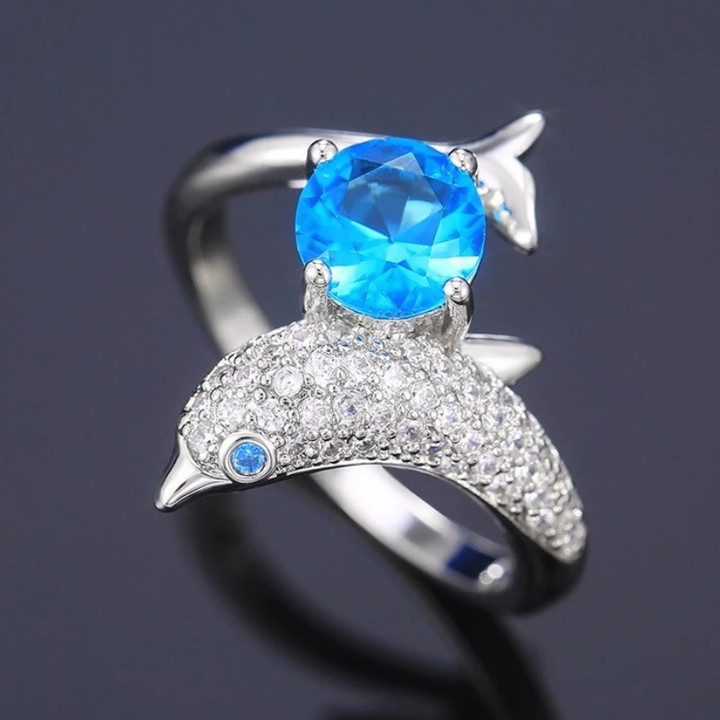 Dolphin Shape Rings for Women Silver Color with Blue/White Cubic Zirconia