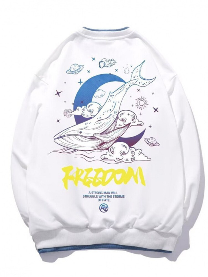 Cartoon Freedom Whale Graphic Sweatshirts Funny Hip Hop Hoodies
