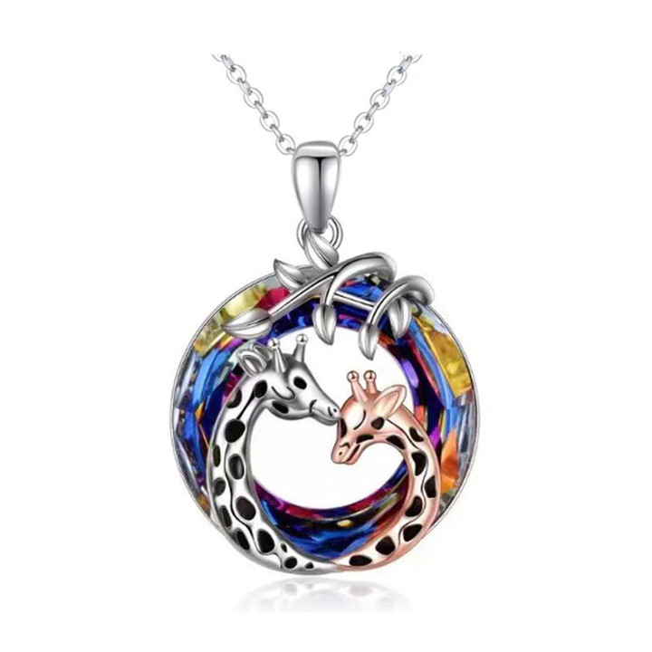 Mother and Son Giraffe Necklace Charm Colorful Crystal Leaf Animal Pendant Jewelry