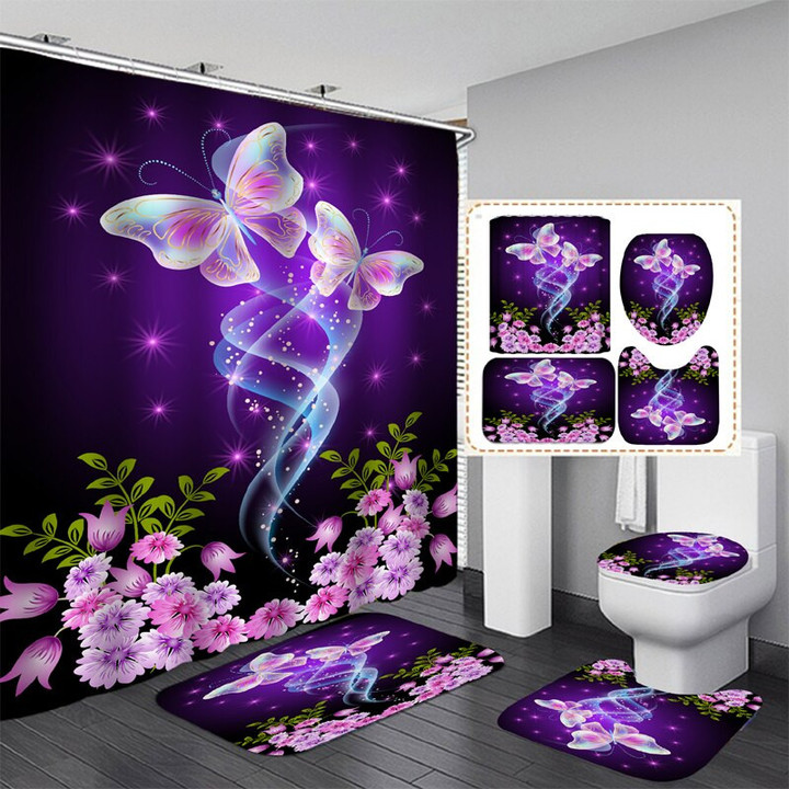Modern Style Butterfly and Flower Durable Waterproof Shower Curtain Set