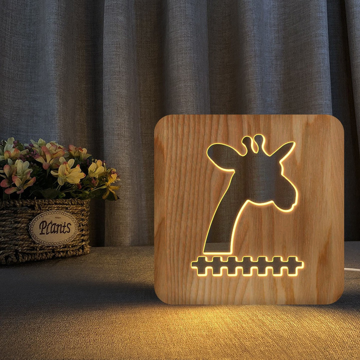 LED USB Night Light Wooden Wolf Head Giraffe Animal 3D Decoration Table Lamp