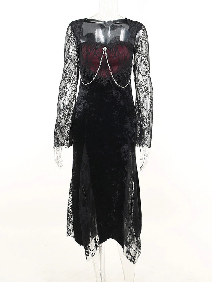 Halloween AltGoth Vintage Gothic Lace Dress Women