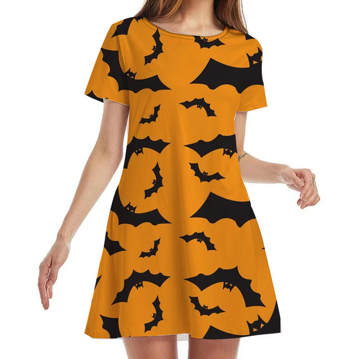 Halloween Print O Neck Short Sleeve Women's Knee Length Mini Dress