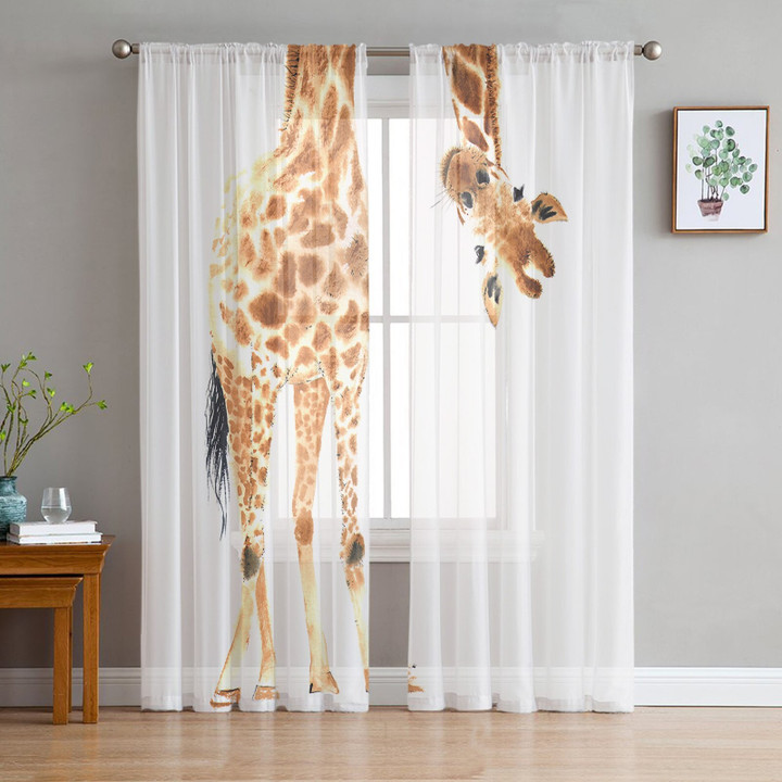 Funny Giraffe Animal White Sheer Curtains for Living Room Bedroom Bathroom