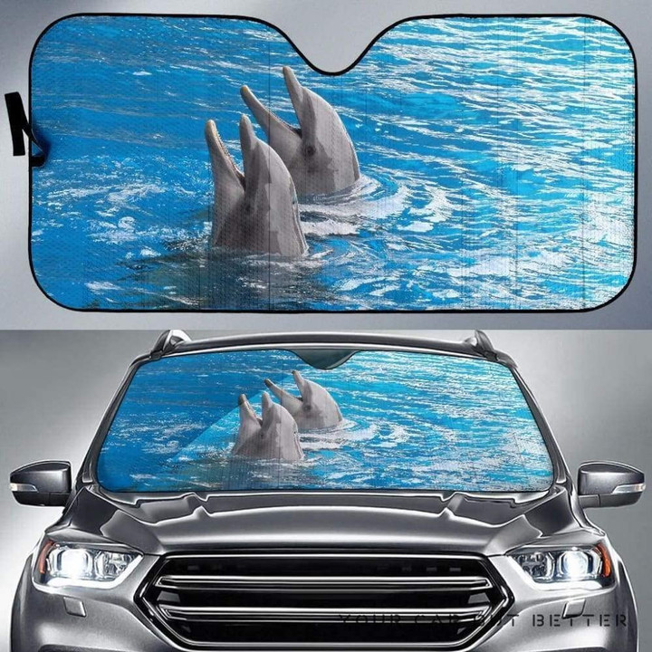 Two Gray Dolphins Swimming in The Ocean Image Car Sunshade