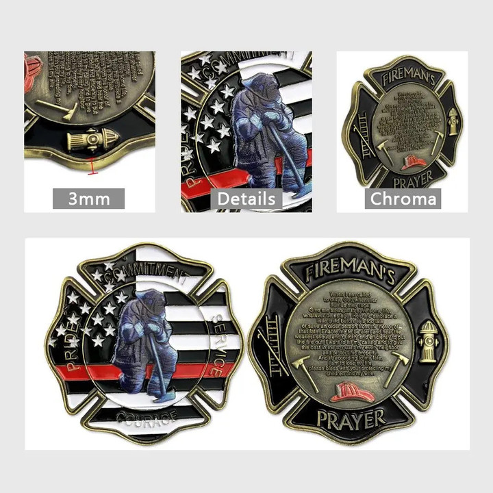 United States Firefighter Military Challenge Coin Thin Red Line US Flag Prayer Coin
