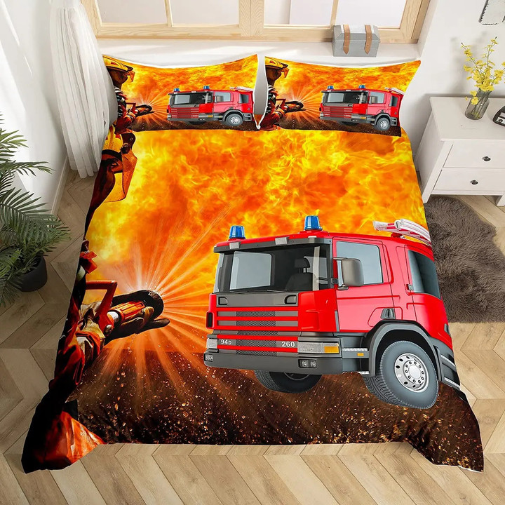 Fire Truck Duvet Cover Set Twin Size Red Firemen Car Vehicle Bedding Set