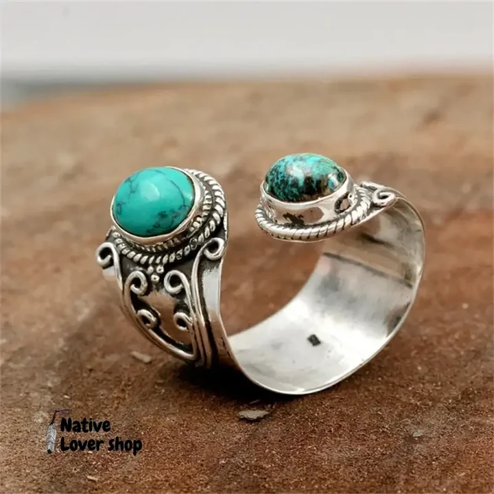 Vintage Style Temperament Rattan Pattern Inlaid Natural Stone Rings 1
