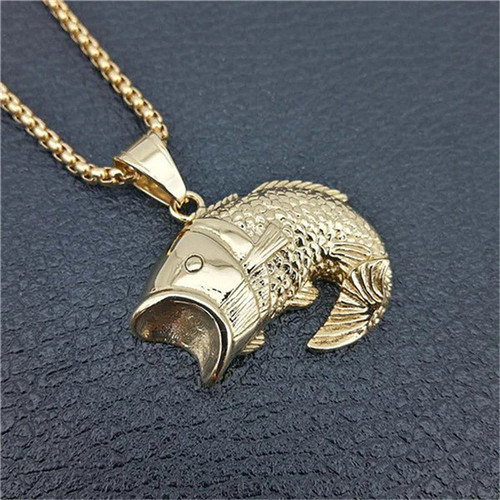 Hip Hop Iced Out Bling Piranha Fishing Pendant Necklace Gold Color Stainless Steel Sea Animal Necklaces Men Hiphop Ocean Jewelry