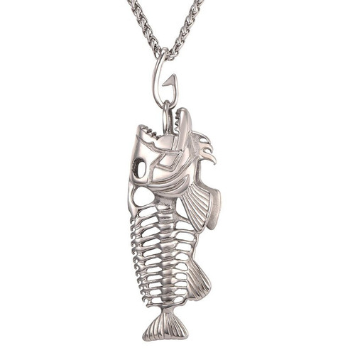 Collare Fishing Hook Pendant Gold/Black Color Stainless Steel Big Fish Skeleton Necklace Pesca Men Jewelry P014