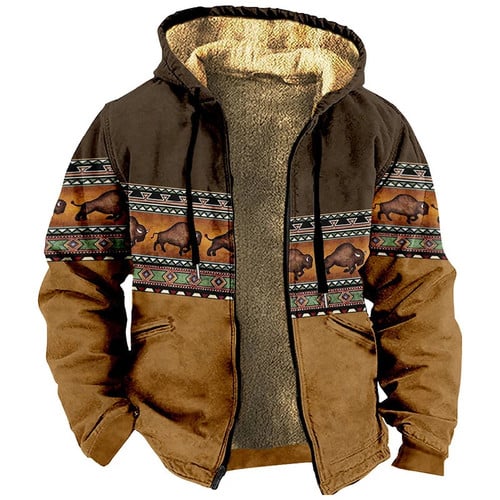 Vintage Winter Jackets for Men Bison Print Design Native Hoodie Hooded Sweatshirts