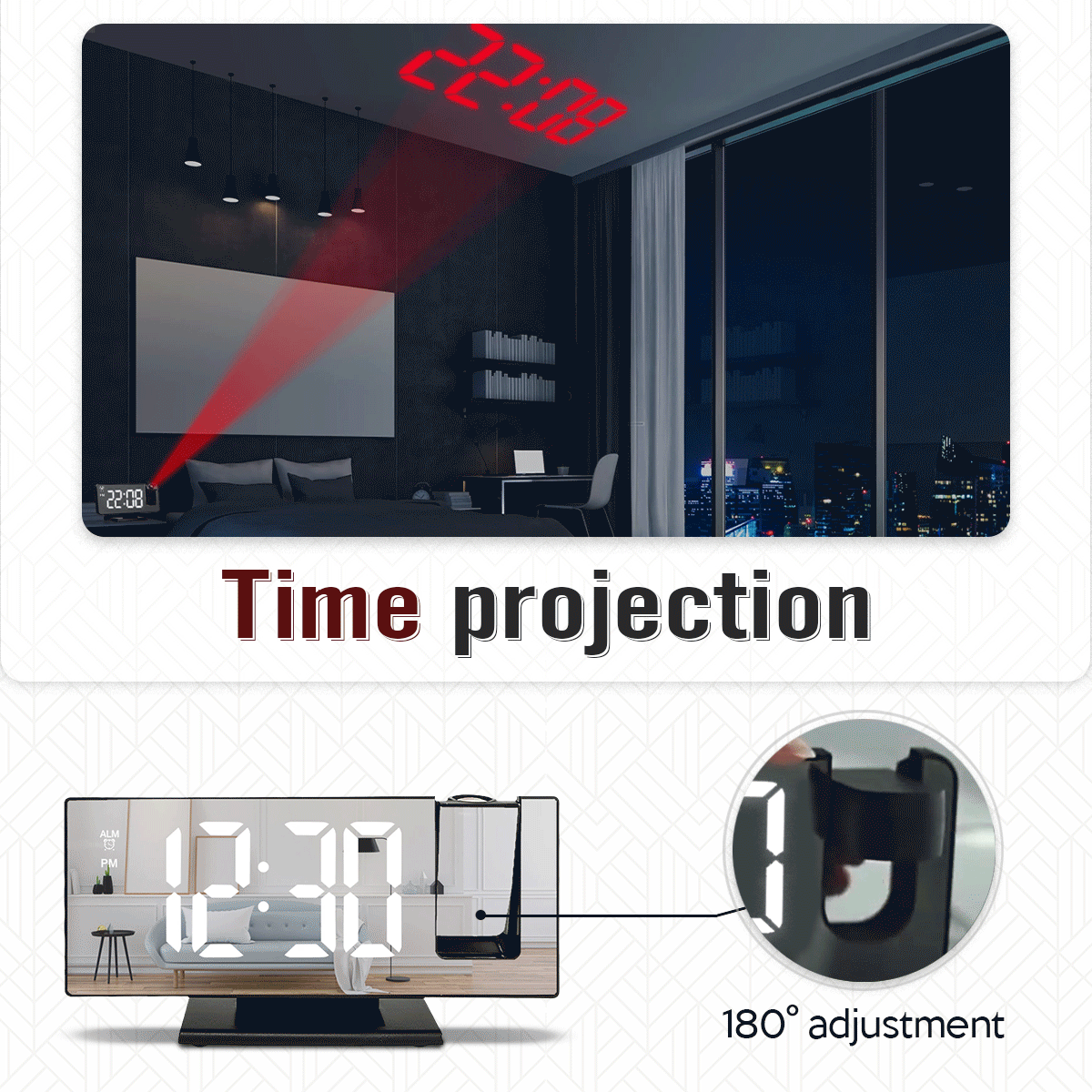 3D Projection Alarm Clock LED Mirror