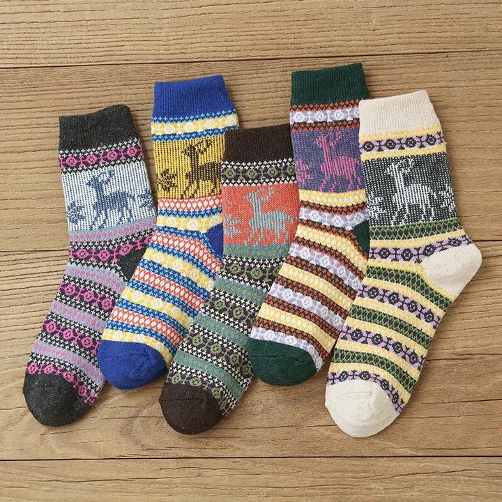 THIS IS A DISCOUNT FOR YOU - 5 Pairs Lot Pack Women Socks Autumn Winter Snow Thickened Thermal Warm Folk-custom Retro Nordic Style Wool Socks Christmas Gift