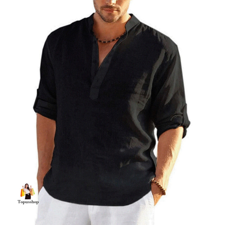 2023 New Men's Casual Blouse Cotton Linen Shirt Loose Tops Long Sleeve 