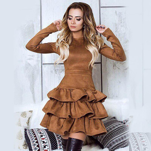 BornToGirl Autumn Winter 2022 Women Party O-Neck Long Sleeve Thick Elastic Sexy High Waist Black Brown Suede Cake Dresses