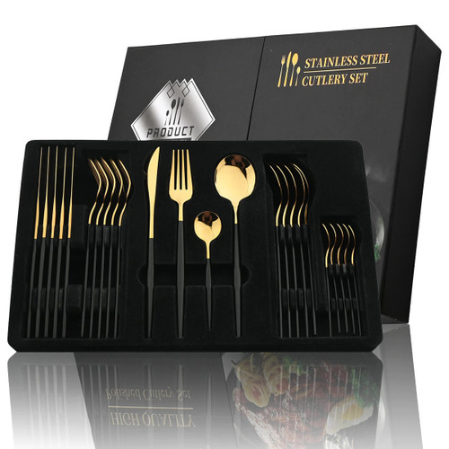 Impress Your Guests with Our Sleek and Durable Stainless Steel Cutlery Set! Black Gold 24Pcs box
