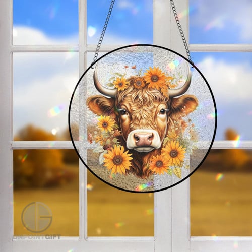 Sunflower Highland Cow Stained Glass Window Hangings Unique Window Decor