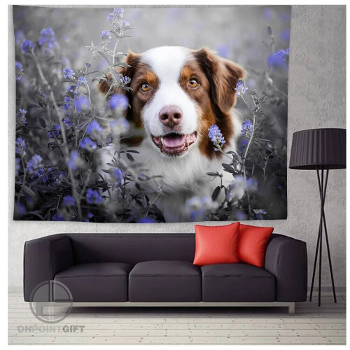 Australian Shepherd and Border Collie Flower Tapestry – Cute Pet Puppy Wall Hanging for Kids Bedroom, Living Room, Dorm Decor