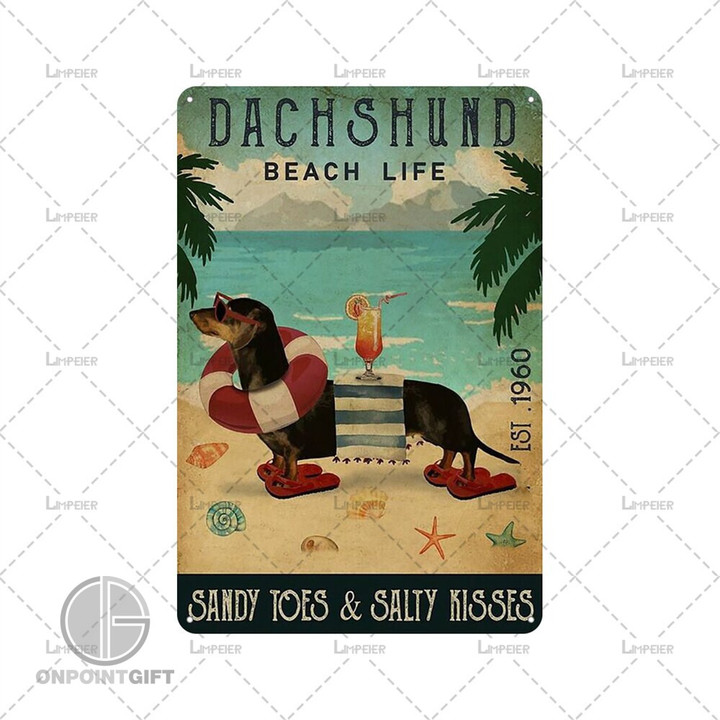 Transport yourself to the carefree world of "Dachshund Beach Life" with this charming metal sign. Designed in a retro style, this vintage-inspired metal plate showcases adorable cartoon Dachshunds enjoying the beach. The perfect addition to any pet shop or club decor, it exudes a playful and inviting atmosphere. Ideal for vintage enthusiasts and dog lovers alike, this metal sign captures the essence of a joyful seaside day with your favorite four-legged friends. Add a touch of nostalgia and canine charm to your space with this delightful Dachshund Beach Life metal sign.