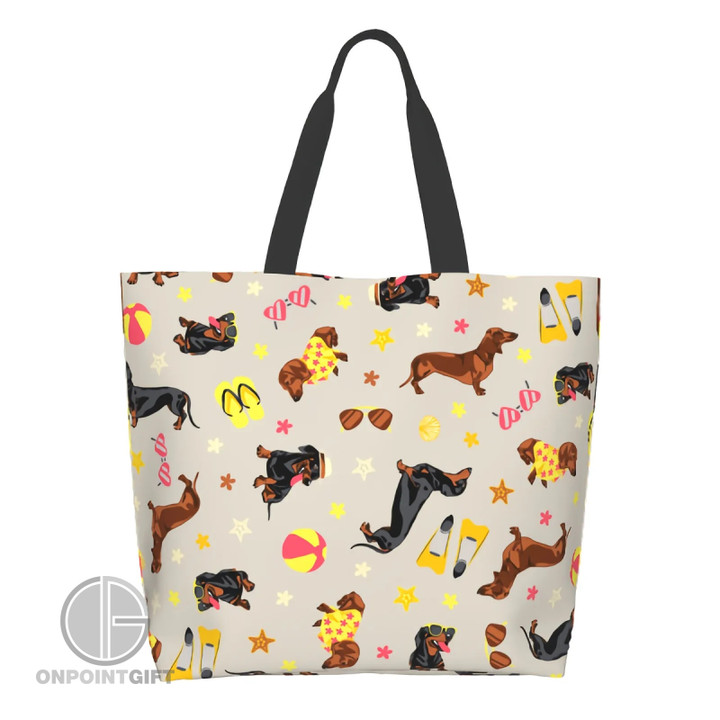 Elevate your vacation style with our "Cute Dachshund Vacation Shopping Tote Bag." This adorable tote is the perfect travel companion for Dachshund lovers and beachgoers alike.  Designed for both fashion and function, this tote features a charming Dachshund design that adds a touch of whimsy to your travels. Its lightweight and durable construction makes it ideal for carrying all your essentials, whether you're hitting the beach or exploring local markets.  With its spacious interior, this large-capacity tote ensures you have room for your beach towels, sunscreen, snacks, and more. The best part? It's reusable, making it an eco-friendly choice for your shopping and adventures.  Embrace the cuteness of Dachshunds while staying practical and stylish on your vacation. Get your "Cute Dachshund Vacation Shopping Tote Bag" today and make every outing a delightful experience with your furry friend by your side, even if just in design.