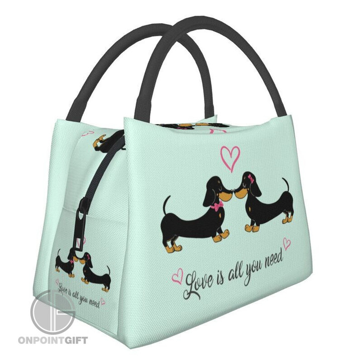 Elevate your lunchtime routine with our "Cute Dachshund Dog Insulated Lunch Bags." Not only are they charming and stylish, but they also keep your lunch cool in the most adorable way.  Designed for Dachshund enthusiasts and dog lovers, these insulated lunch bags are as functional as they are cute. The delightful Dachshund dog design adds a touch of personality to your daily meals, making lunchtime more enjoyable.  Our insulated bags are equipped with advanced thermal technology to keep your food fresh and at the right temperature, whether it's a crisp salad or a warm, comforting soup. Say goodbye to worrying about spoilage or eating lukewarm meals.  With a convenient and spacious interior, you'll have ample room for your lunch essentials. The sturdy construction ensures that these lunch bags are not only a stylish accessory but also a practical one for your daily routine.  Upgrade your lunch game and make a statement with our "Cute Dachshund Dog Insulated Lunch Bags." Stay cool, both in style and with your meals. Get yours today and add a touch of canine charm to your lunchtime experience!