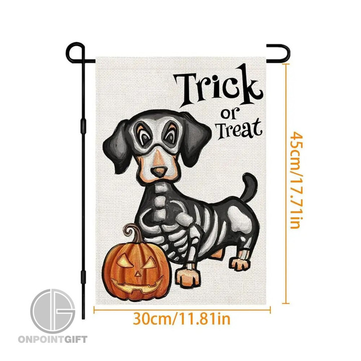 Enhance your Halloween outdoor decor with our "Halloween Trick Or Treat Garden Flag." This charming, double-sided burlap flag features a delightful ghostly Dachshund skeleton, adding a playful and spooky touch to your yard or garden. Whether you're welcoming trick-or-treaters or simply getting into the Halloween spirit, this flag is the perfect addition to your outdoor decor. Crafted from durable burlap, it's designed to withstand the elements. Embrace the season with this unique and eye-catching garden flag that showcases your love for Dachshunds and Halloween in a fun and festive way.